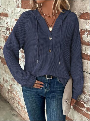 SOLY HUX Women's Long Sleeve Half Button Down Hoodie Waffle Knit Fall Pullover Hooded Sweatshirts in Saudi Arabia