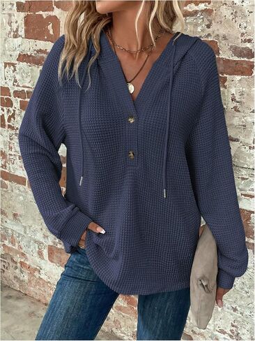 SOLY HUX Women's Long Sleeve Half Button Down Hoodie Waffle Knit Fall Pullover Hooded Sweatshirts in Saudi Arabia
