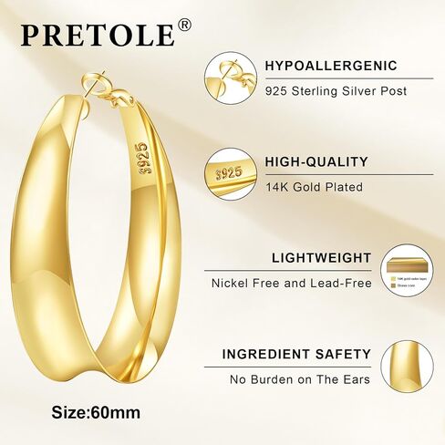 PRETOLE 12MM Wide Hoop Earrings for Women,925 Sterling Silver Hoop Earrings Hypoallergenic Large Hoop Earrings Lightweight Thick Big Hoops Earrings Sterling Silver Earrings for Women 40/50/60MM in Saudi Arabia