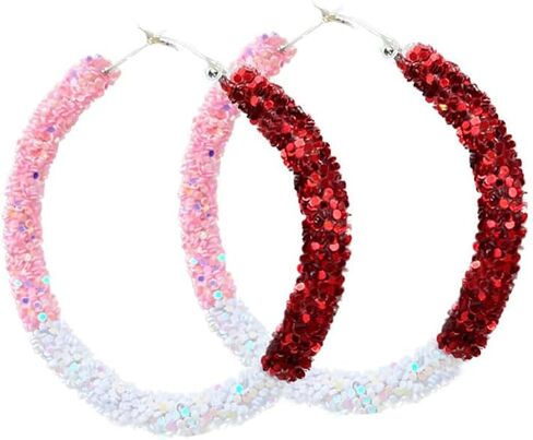 Valentine's Day Glitter Hoop Earrings for Women Red Pink Sparkle Sequins Hoop Earrings Round Circle Shiny Red Pink Hoop Earrings Valentine's Day Holiday Jewelry Gift in Saudi Arabia