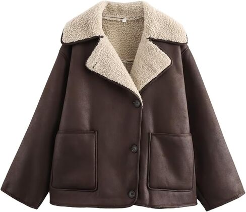 Perbai Women's Lapel Fleece Lined Single Breasted Faux Suede Jacket Oversized Leather Trucker Coat in Kuwait