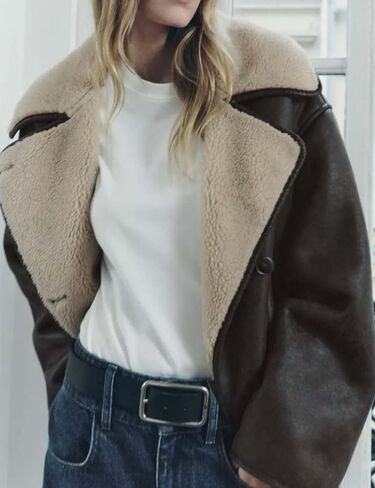 Perbai Women's Lapel Fleece Lined Single Breasted Faux Suede Jacket Oversized Leather Trucker Coat in Kuwait