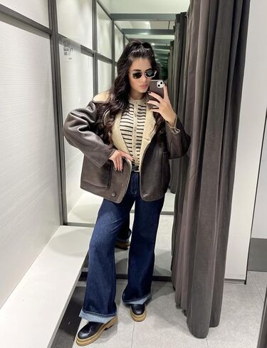 Perbai Women's Lapel Fleece Lined Single Breasted Faux Suede Jacket Oversized Leather Trucker Coat in Kuwait