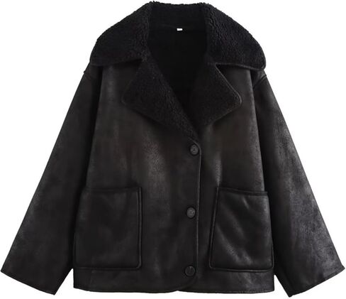 Perbai Women's Lapel Fleece Lined Single Breasted Faux Suede Jacket Oversized Leather Trucker Coat in Kuwait