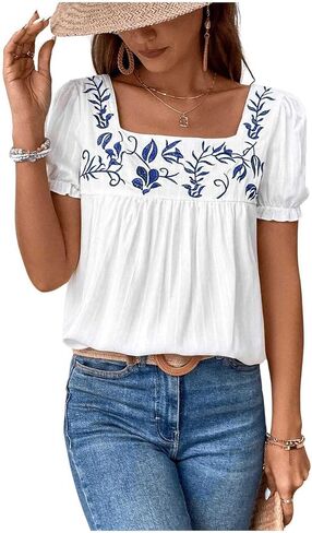Verdusa Women's Floral Embroidery Square Neck Puff Sleeve Blouse Loose Summer Shirt Top in Saudi Arabia