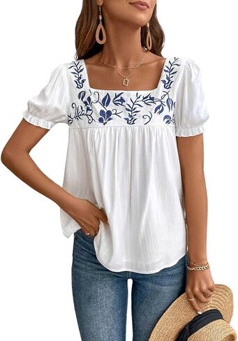 Verdusa Women's Floral Embroidery Square Neck Puff Sleeve Blouse Loose Summer Shirt Top in Saudi Arabia