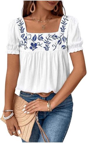 Verdusa Women's Floral Embroidery Square Neck Puff Sleeve Blouse Loose Summer Shirt Top in Saudi Arabia