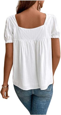 Verdusa Women's Floral Embroidery Square Neck Puff Sleeve Blouse Loose Summer Shirt Top in Saudi Arabia