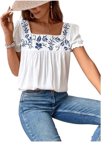Verdusa Women's Floral Embroidery Square Neck Puff Sleeve Blouse Loose Summer Shirt Top in Saudi Arabia