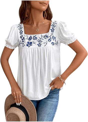 Verdusa Women's Floral Embroidery Square Neck Puff Sleeve Blouse Loose Summer Shirt Top in Saudi Arabia