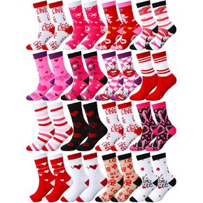 Geyoga 16 Pairs Valentine's Day Socks Bulk for Women Heart Print Crew Socks Red Pink Heart Socks Funny Unisex Novelty Socks Valentine's Heart Socks for Women Valentine Gift