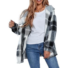 Wanzetaly Womens Hooded Shacket Jacket Color Block Casual Flannel Plaid Wool Blend Button Down Shirt with Pockets
