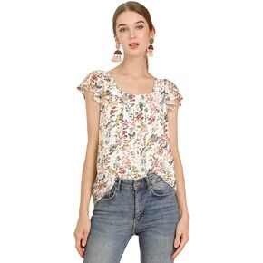 Allegra K Women's Floral Blouse 2024 Summer Casual Square Neck Chiffon Short Sleeve Ruffle Shirts