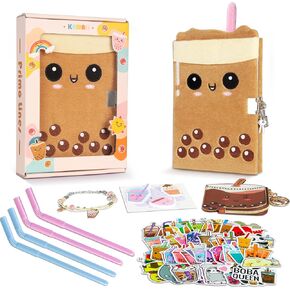Gift Kit for Girls, Diary with Lock and Key,Boba Tea Plush Journal for Teen Girls,fuzzy diary for girls,Kawaii Birthday Gift Set for 5,6,7,8,9,10,Kids Notebooks with Purse,Bracelet,4 Straws Pens, Post-it Note,Stickers