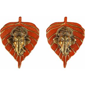 Charmy Crafts Small Metal Ganesha On Leaf, Wall Hanging, Room Decor, Best Housewarming, Gifts Article for Wall Decor Set of 2(Sunny Golden Finish) (White)