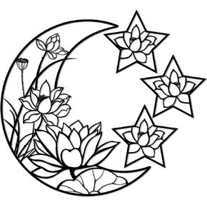4 Pieces Moon Wall Decor Metal Moon Ramadan Phase Wall Hanging Floral Art Black Boho Large Moon and Star Phase Wall Signs for Eid ul Fitr Half Moon Flower Sculpture Wall Decor (Fresh Style)