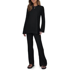 Tankaneo Womens Ribbed Knit Lounge Sets 2 Piece Outfit Long Sleeve Top and Pant Sets Casual Pajamas Set