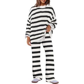 Panadila Womens Oversized Lounge Sets Striped Sweater Set 2 Piece Pajama Set Long Sleeve Top and Pants with Pockets