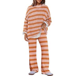 Panadila Womens Oversized Lounge Sets Striped Sweater Set 2 Piece Pajama Set Long Sleeve Top and Pants with Pockets in Kuwait