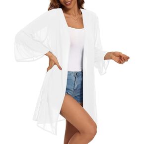 Indian Trendy Women's Solid Ruffle Sleeve Kimono Long Cardigan Loose Cover Up Casual Blouse Top Chiffon, Small-Medium