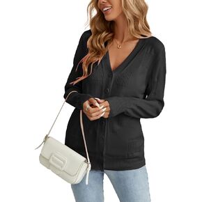 Famulily Women Ribbed Chic Block Pattern Button Down Knit Long Sleeve Cardigan Outerwear