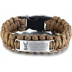 Saint Michael Archangel Protetion Prayer Survival Paracord Bracelet, Religious Christ God Amulet Bangle, Christian Personalized Engraved Jewelry for Men, Brown, 9 Inch