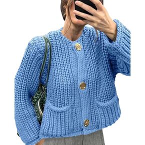 Locachy Women's Crochet Chunky Knit Sweater Cardigan Trendy Crewneck Gold Button Down Sweater