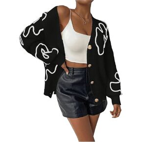 Milumia Women's Floral Pattern Button Down Long Sleeve Drop Shoulder Open Front Knit Cardigan Outerwear