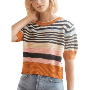 GORGLITTER Women's Colorful Striped Cropped Sweater Casual Crewneck Short Sleeve Knit Tops