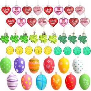 Honoson 54 Pcs Valentine's Day Heart St. Patrick's Day Shamrock Easter Egg Hanging Ornaments Heart Shaped Shamrock Baubles Shamrock Egg Decoration for Holiday Party Favor Supplies (Classic)