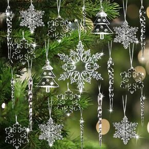 24pcs Crystal Christmas Tree Ornaments, Decorations Hanging Acrylic Snowflake and Icicle Ornaments with Drop Pendants for Christmas Tree Party Decorations，Winter Wonderland Decorations