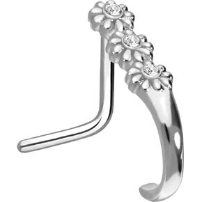 PIERCINGLINE 20G nose ring Surgical steel 316L nostril piercing jewelry | L shape nose ring in hoop optics 3 Crystal Flowers | Nose studs for women and men