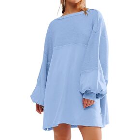 Women Oversized Long Sleeve Patchwork Sweatshirt Dress Solid Crewneck Drop Shoulder Pullover Sweatshirts Dresses