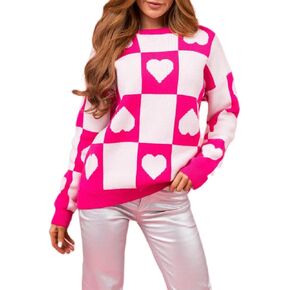 Heart Print Sweater for Women Valentine's Day Long Sleeve Oversized Pullover Sweater Y2K Knit Top in Kuwait