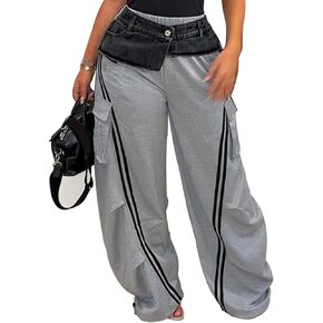 LETSVDO Women's Wide Leg Cargo Sweatpants High Waist Baggy Denim Patchwork Pants Casual Striped Track Pants