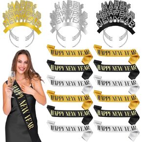 24 Pcs Happy New Year Party Supplies 2025 Include 12 Happy New Year Sash Belt and 12 Happy New Year Headband Accessories for Happy New Year Eve Party Favor Decorations Adult
