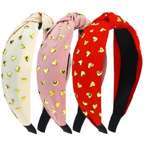 Hotop 3 Pcs Valentine's Day Heart Knotted Headband for Women Girls Studded Heart Headbands Pink Red White Heart Hair Accessories Wide Hair Bands for Valentine's Day Costume Party Gift