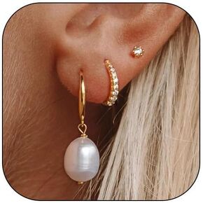 3Pcs Pearl Earrings for Women Rhinestone Pearl Drop Earrings Small Gold Hoop Earrings Set Dainty Pearl Stud Earrings Wedding Bridal Prom Party Jewelry Gift