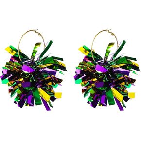 Colorful Mardi Gras Carnival Round Circle Tassel Hoop Exaggerate Lightweight Shining Earrings Decoration Outfit Costume Accessories Holiday Jewelry for Women