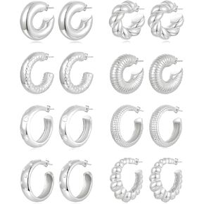 8 Pairs Chunky Hoop Earrings Sets for Women Lightweight Twist CZ Open Huggie Hoops Minimalist Thick Cartilage Earring Piercing Jewelry Gift Gold Silver Tone