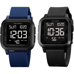 Square Men's Digital Watch Blue Large Face Waterproof LED Watches Square Men's Digital Watch Big Numbers Dial Large Face Waterproof LED Black Watches with Alarm Date Stopwatch