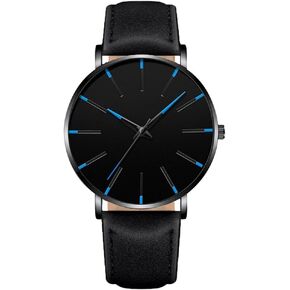 Alinker Mens Watches Minimalist Black Business Simple Casual Leather Quartz Watches for Men Blue Pointer