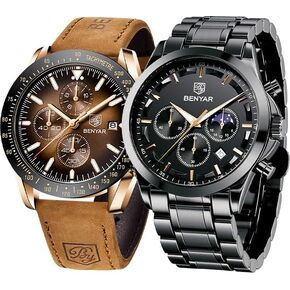 BY BENYAR Mens Watches Analog Quartz Chronograph Waterproof Luminous Men's Wrist Watches Business Work Casual Sport Classic Big Face Dress Watch Elegant Gifts for Men 5160 & 5140