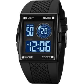 PASOY Unisex Digital Bracelet Watch Backlight Mens Women Square Alarm LED Black Rubber Watchband Sports Outdoor Waterproof Watch