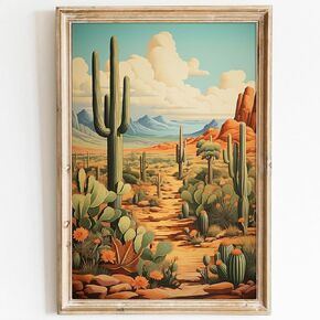 Abstract Cactus Wall Art Desert Landscape Pictures Southwestern Canvas Art Desert Mountain Wall Art Vintage Cactus Print Sonoran Desert Painting Cactus Landscape Wall Art for Room 16x24inch No Frame