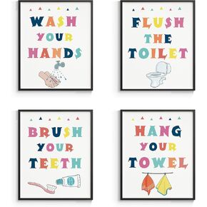 InSimSea Funny Bathroom Signs Prints, Bathroom Quotes and Sayings Art Prints, Kids Bathroom Wall Art Decor, set of 4, 8x10 inch, Unframed