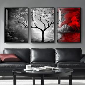 Large Framed Black and White Red Wall Art for Living Room, Big Size Set of 3 Piece Red and Black Artwork for Walls, Modern Painting Dark Academia Abstract Landscape Tree Pictures Prints for Office