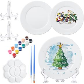 Affrolling Paint Your Own Porcelain Plates Ceramic Painting Kit Included 2 Pcs Porcelain Plates 2 Pcs Paint Brushes 12 Paints 2 Stands Paint and 1 Pcs Color Palette, Pottery Kit for Adults