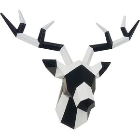 Keygift Geometrical Deer Head Wall Decor Black&White Faux Taxidermy Resin Animal Head Wall Mount Deer Antlers Wall Sculptures