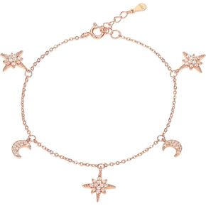 Moon and Star Charm Bracelet in 925 Sterling Silver for Women, Dainty Silver, Yellow Gold, or Rose Gold Charm Bracelets with Sparkling Cubic Zirconia Stones
